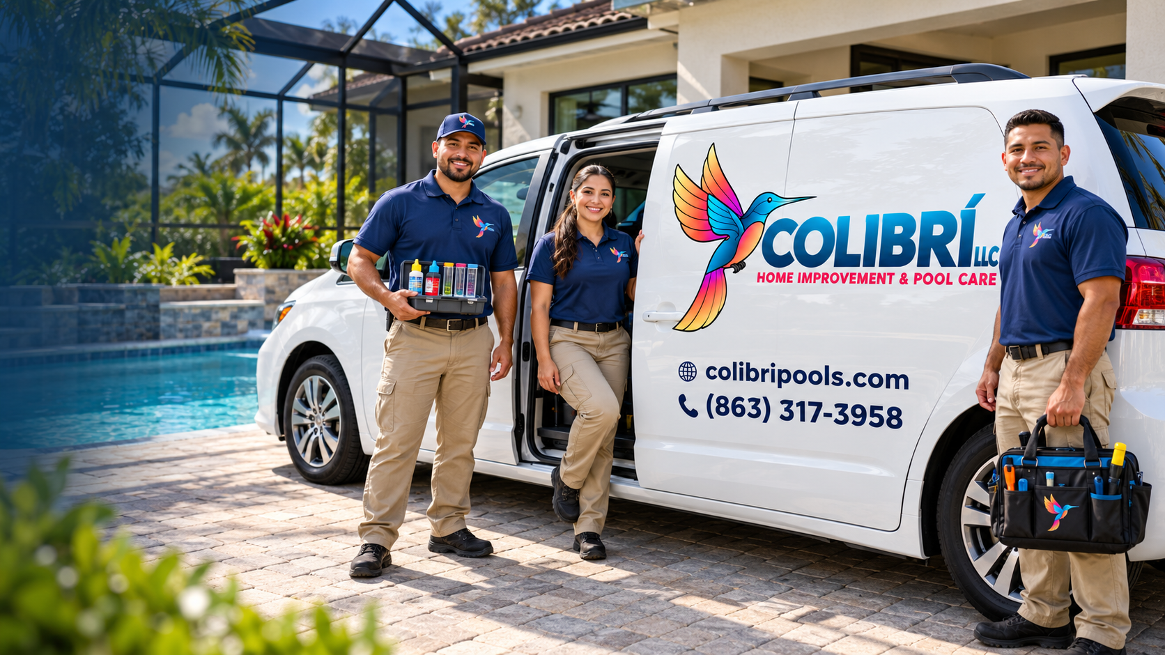 Colibrí LLC team with their branded service van in front of a Florida home with a screened pool